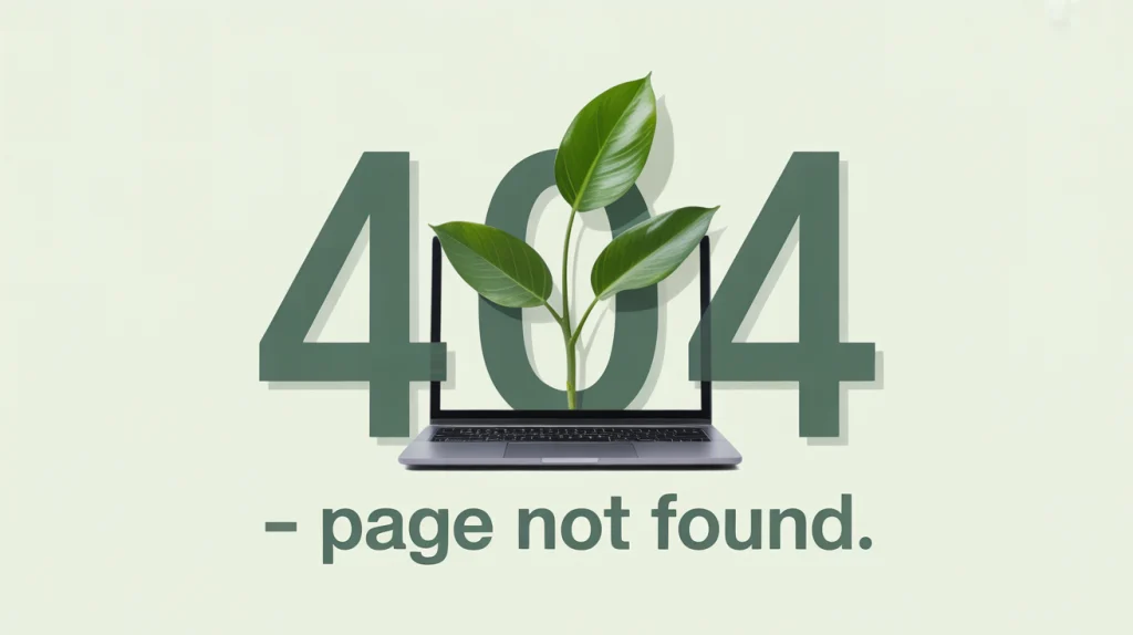 404 page not found illustration featuring a laptop with green leaves growing through it, symbolizing health, renewal, and connection.