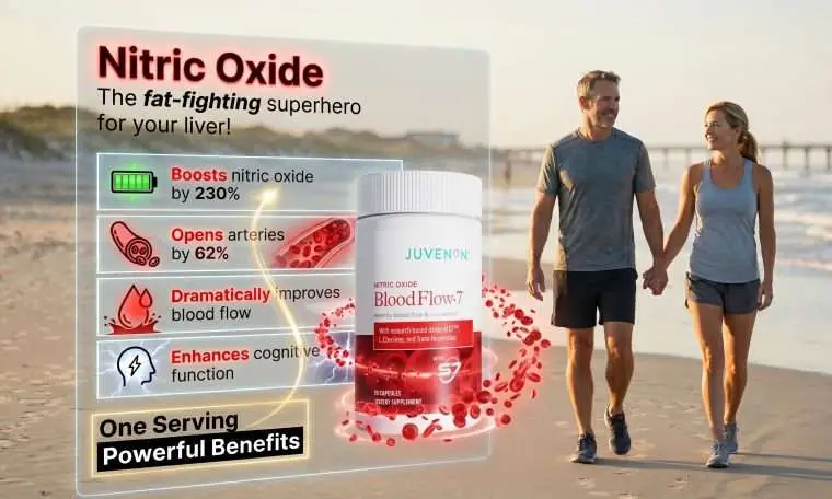 A bottle of Nitric Oxide supplement next to a man and woman walking outdoors in athletic wear, highlighting its benefits for circulation and physical activity.