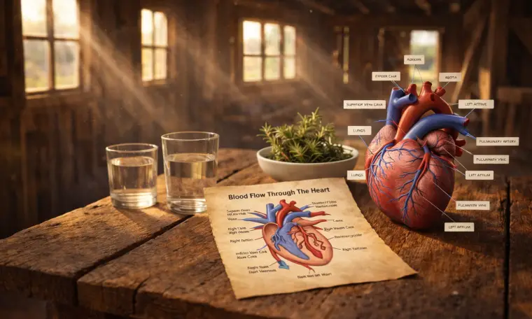 Blood flow through the heart diagram on rustic wooden table with anatomical heart illustration