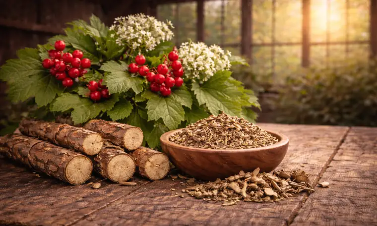 Cramp bark with red berries and dried herb on a wooden table, representing smooth muscle relaxation and digestive comfort