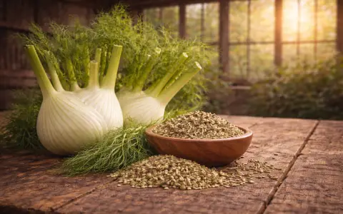 Fennel seed and fresh fennel bulb on a wooden table, representing digestive support and reduction of gas and bloating