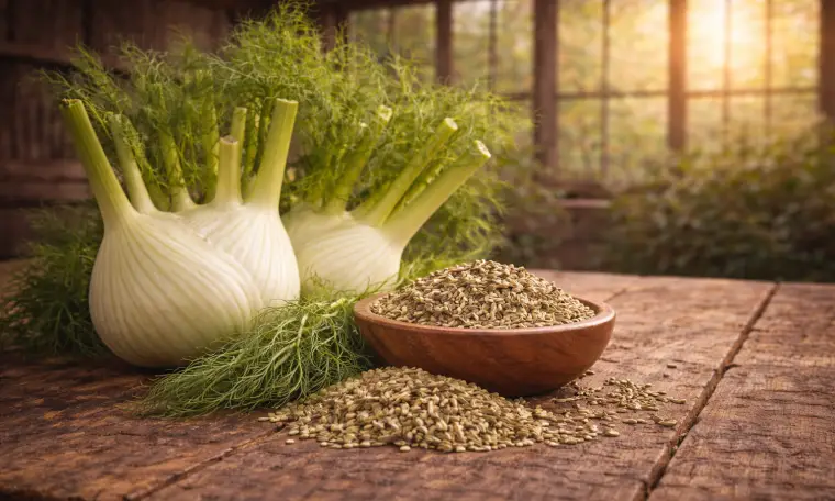 Fennel seed and fresh fennel bulb on a wooden table, representing digestive support and reduction of gas and bloating