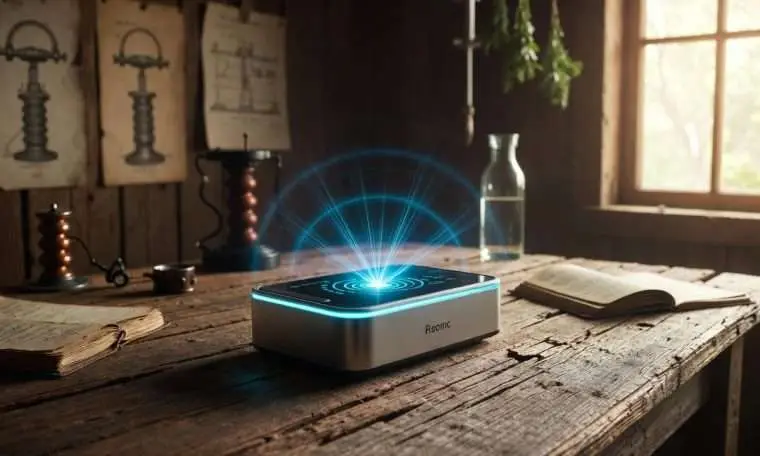HealFlux V4 frequency wellness device shown with Tesla-inspired resonance imagery and natural wellness elements.