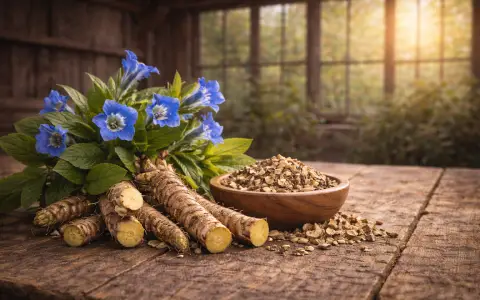 Gentian root with dried herbs and blue flowers on a wooden table, representing digestive activation and bitter herb function
