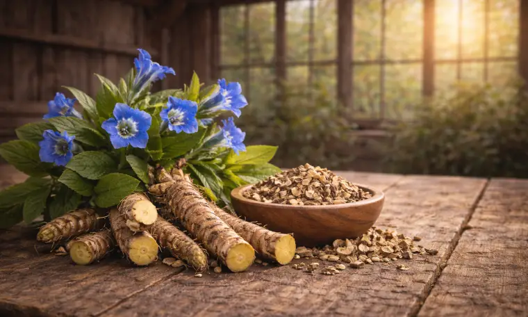 Gentian root with dried herbs and blue flowers on a wooden table, representing digestive activation and bitter herb function