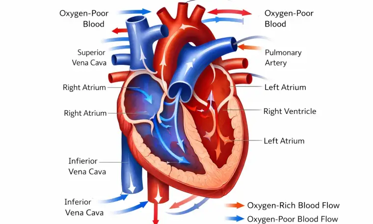Heart blood flow diagram showing chambers, valves, and direction of oxygenated and deoxygenated blood