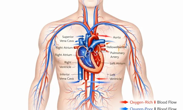 Heart blood flow illustration showing cardiac cycle and direction of circulation through chambers