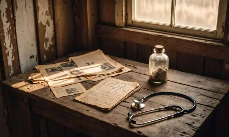 Vintage medical desk with old documents and a glass bottle in warm window light, symbolizing early medical research and uncertainty