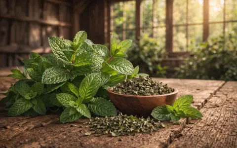 peppermint leaves and seeds on a rustic wooden table in natural light, representing digestive health and gut support