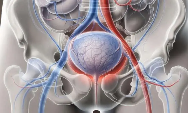 Prostate gland illustration showing size and position within male pelvis