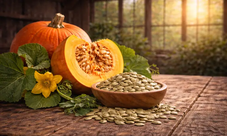 Pumpkin seeds and fresh pumpkin on a wooden table, representing parasite support and digestive health