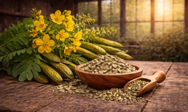 Senna leaves, yellow flowers, and dried pods on a wooden table, representing intestinal stimulation and elimination support