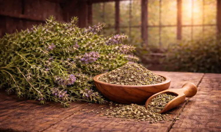 Thyme leaves and dried herb in a bowl on a wooden table, representing antimicrobial activity and gut protection