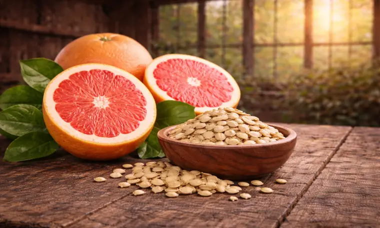 Grapefruit halves and seeds in a wooden bowl on a rustic table, representing antimicrobial activity and digestive support