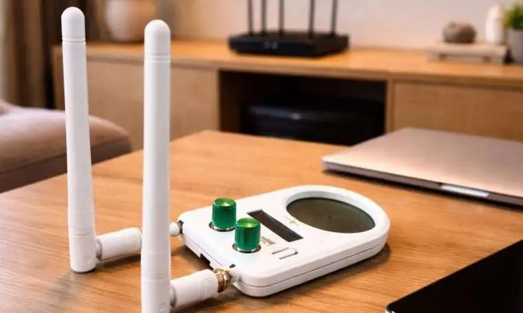 The Healflux V4 portable frequency device on a wooden desk next to a laptop, featuring its control knobs, dual antennas, and USB-C connection.