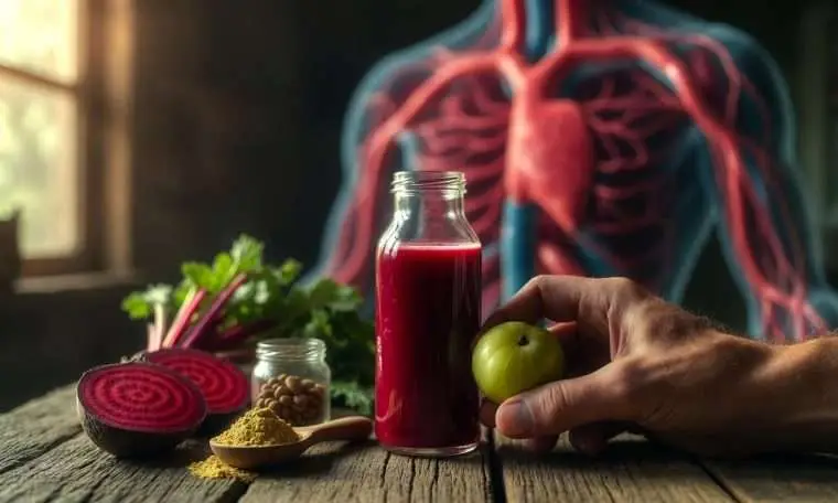 Glass bottle of deep red amla and beetroot wellness drink beside fresh amla fruit and herbs on a rustic wooden table, with a glowing anatomical heart illustration in the background representing circulation and blood flow support.